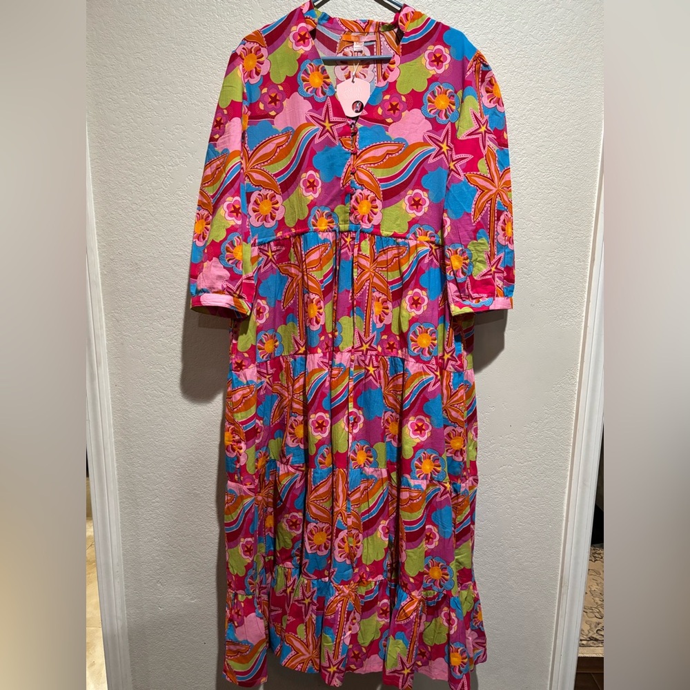 Nova Star Tie Waist Maxi Dress XL | Bold Colorful Floral Boho Print
